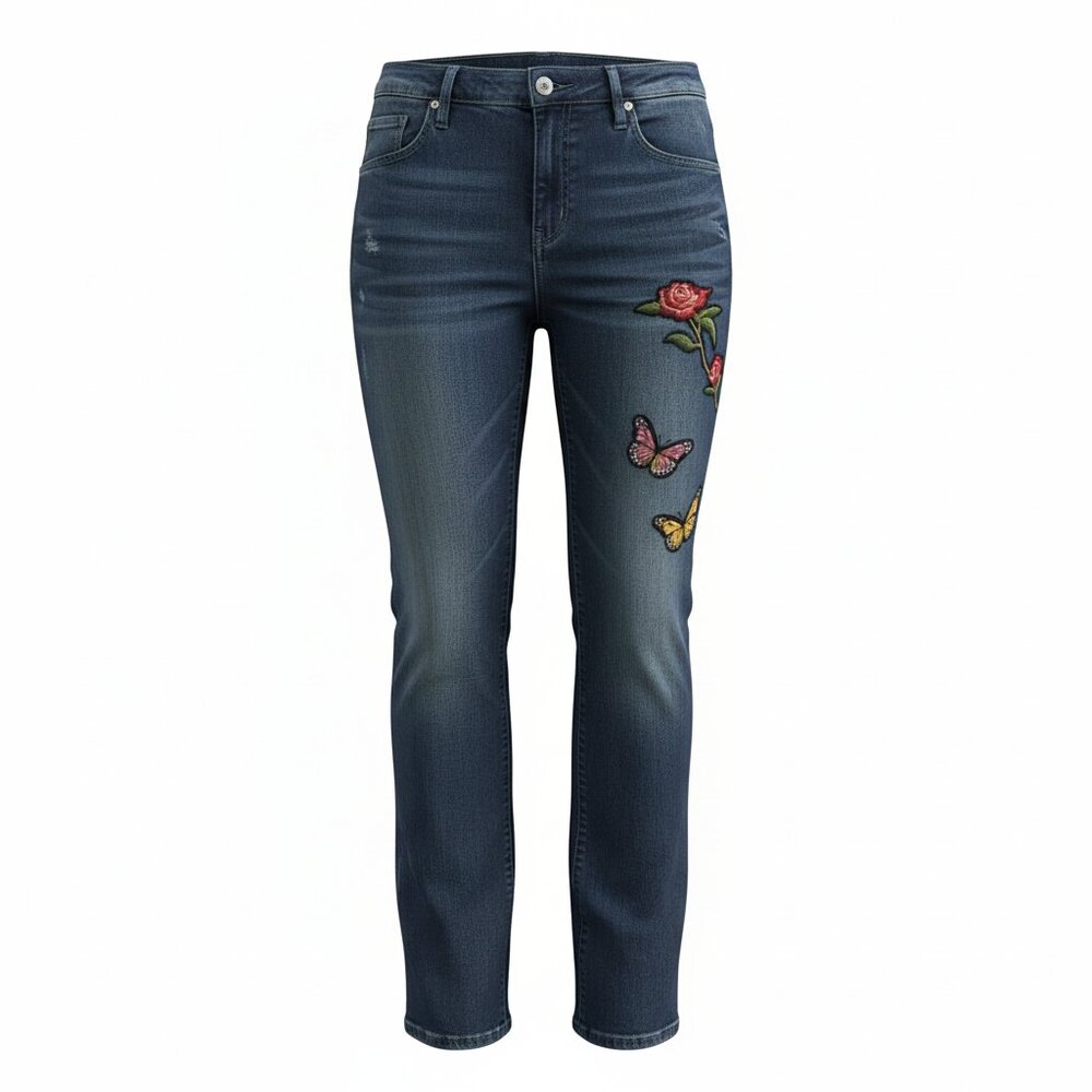 Embroidered Butterfly & Rose Straight-Leg Jeans